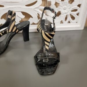 Vintage Van Eli Black and Tan Zebra Strappy Heeled Sandals